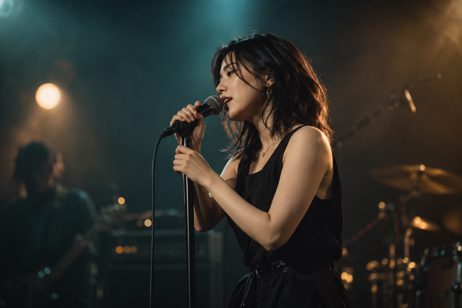An artist singing into a microphone under teal and amber stage lights