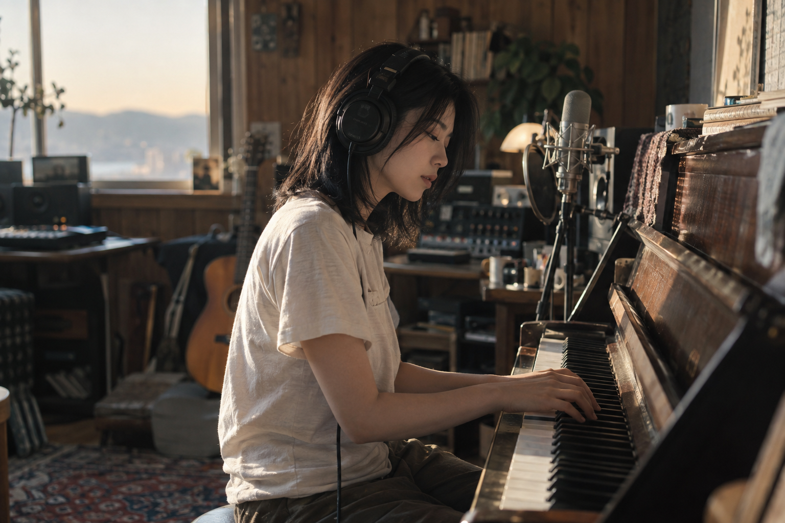 An artist wearing headphones and creating music at a piano in a recording studio